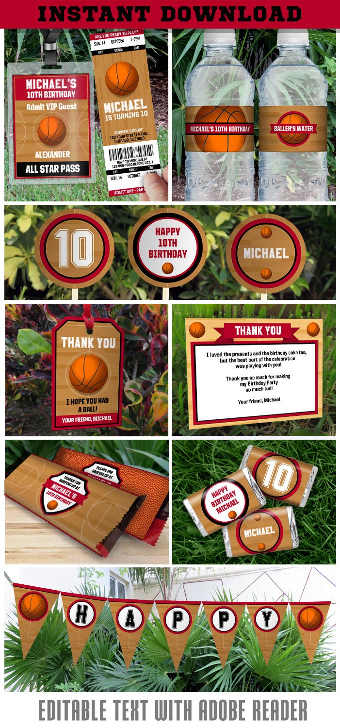 Basketball Invitation & Party Decorations (Red and Black) - INSTANT DOWNLOAD! Basketball Party and Invite - EDIT at home with Adobe Reader
