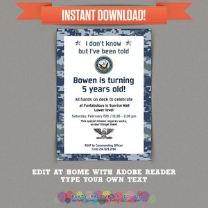 Navy druckbare Geburtstagsparty-Einladung - bearbeitbare PDF-Datei - Drucken Sie zu Hause