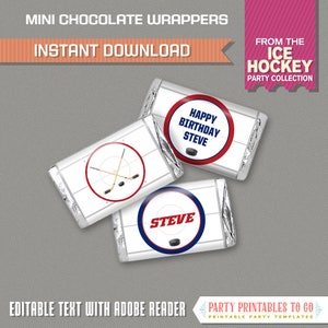 Ice Hockey Party Mini Chocolate Wrappers - Hockey Birthday - Hockey Party - INSTANT DOWNLOAD - Edit and print at home with Adobe Reader