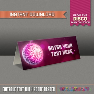 Disco Party Tent Cards / Disco Party Tischkarten / Disco Party Food Labels / Disco Dance Party - Bearbeiten und drucken Sie zu Hause mit dem Adobe Reader