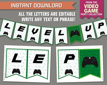 Video Game Happy Birthday Banner (Green) - INSTANT DOWNLOAD - Video Game Pennant - Video Game Party - Edit and print with Adobe Reader