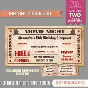 Movie Night Einladung mit GRATIS Eintrittskarten! Movie Night Party - Movie Night Geburtstag - Movie Ticket - Editierbare PDF-Datei
