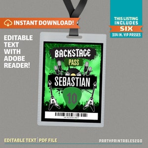 Rockstar Party Backstage Pass printable Insert (Green) - Rockstar Birthday VIP Pass - INSTANT DOWNLOAD! - Edit and print at home