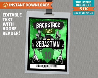 Rockstar Party Backstage Pass printable Insert (Green) - Rockstar Birthday VIP Pass - INSTANT DOWNLOAD! - Edit and print at home