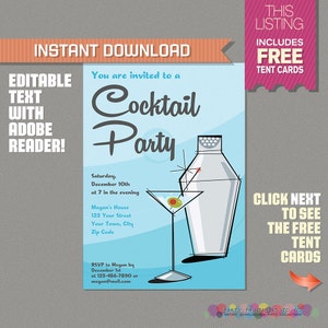 Cocktail Party Invitation with FREE Tent Cards Dinner Invitation Stylish Party Invitation Martini and Shaker Edit and print at home image 1