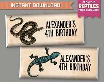 Reptile Party Standard size Chocolate Wrappers - INSTANT DOWNLOAD - Reptile Birthday - Reptile Decor - Edit and print with Adobe Reader DC