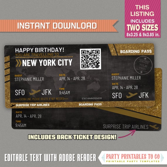 Editable Airplane Boarding Pass (Glitter / Chalkboard) Surprise Trip Airline Ticket Flight Gift Voucher - Instant Download! - DIY PDF File Il_570xn