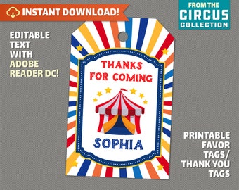 Circus Party Favor Tags / Carnival Thank you Tag - INSTANT DOWNLOAD - Circus Birthday - Edit and print at home with Adobe Reader
