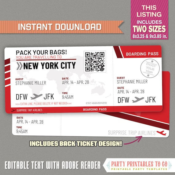 Editable Airplane Boarding Pass (Red) Surprise Trip Airline Ticket