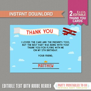 Vintage Flugzeug-Dankeskarte - INSTANT DOWNLOAD - Flugzeug-Party - Flugzeug-Geburtstag - Bearbeiten und drucken Sie zu Hause mit dem Adobe Reader