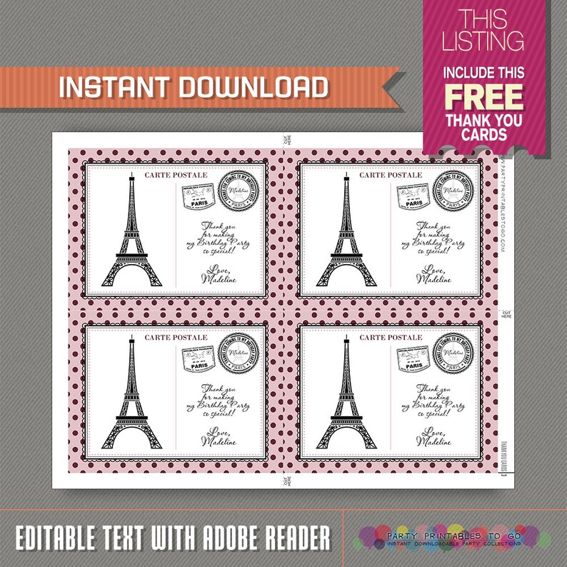 Paris Postcard Invitation With FREE Thank You Card Paris - Etsy