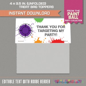 Paintball Party Treat Bag Toppers - Paintball Bag Labels - Paintball Birthday - INSTANT DOWNLOAD, Edit and print at home with Adobe Reader