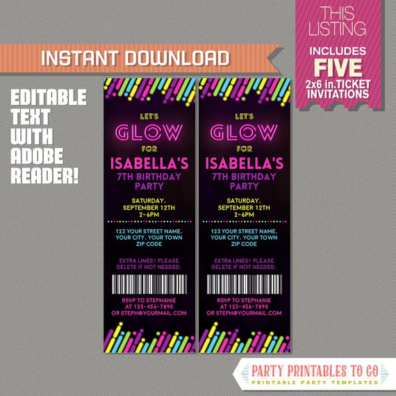 Neon Glow III Party Ticket Invitation - INSTANT DOWNLOAD - Glow in the Dark Party - Edit and print at home with Adobe Reader Il_570xn