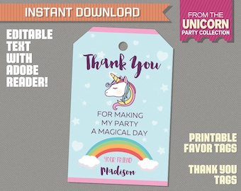 Unicorn Favor Tags / Unicorn Thank you Tag - Unicorn Birthday - Unicorn Party - Edit and print at home with Adobe Reader