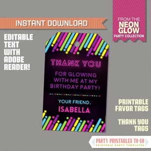 Neon Glow III Party Favor Tag, Neon Glow Party Thank you Tag  - Glow in the Dark Party - INSTANT DOWNLOAD - Edit and print with Adobe Reader