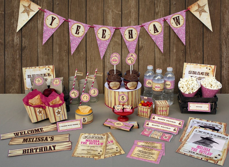 Cowgirl Birthday Printable Party Collection & Invitation Editable PDF file Print at home image 1