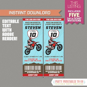 Dirt Bike Party Ticket Invitation (Red) - Motocross Birthday Party - INSTANT DOWLOAD - Edit and print at home with Adobe Reader