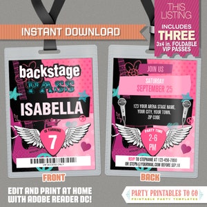 Rockstar Birthday Party VIP Pass Invitations - INSTANT DOWNLOAD - Rock Star Party Vip Pass - Edit and print at home with Adobe Reader