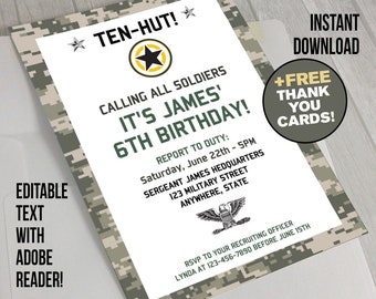 Army Camo Party Invitation with FREE Thank you Cards - INSTANT DOWNLOAD - Edit and print with Adobe Reader - Army Party - Army Birthday