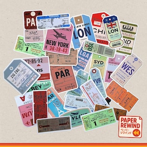 May include: A selection of retro travel stickers and tags. The designs include airline tickets and luggage tags, with destinations such as London, Paris, and New York. The color scheme is a mix of red, blue, and beige, evoking a sense of nostalgia.