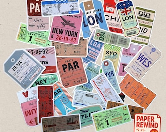 40 Etiquetas de Bagagem/Cartões de Embarque/Adesivos de Ingressos de Shows com Tema de Viagem | Retrô | Papelaria e Scrapbooking