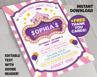 Circus Invitations - Carnival Birthday Invitations - Carnival Party - Circus Party Invitations - INSTANT DOWNLOAD - Edit and print at home