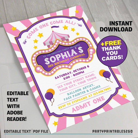 Circus Invitations - Carnival Birthday Invitations - Carnival Party - Circus Party Invitations - INSTANT DOWNLOAD - Edit and print at home Il_570xn