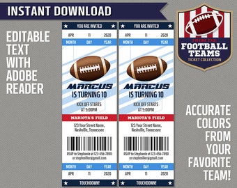 Football Ticket Invitation Template (Navy Blue, Blue and Red) - INSTANT DOWNLOAD - Football Birthday Party - Edit and print w/ Adobe Reader