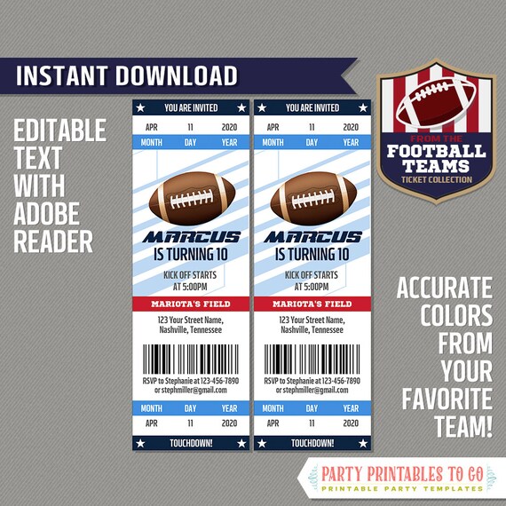 Football Ticket Invitation Template (Navy Blue, Blue and Red) - INSTANT DOWNLOAD - Football Birthday Party - Edit and print w/ Adobe Reader Il_570xn