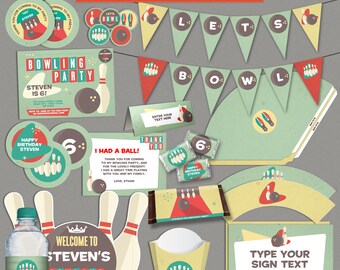 Vintage Bowling Party Printable Collection & Invitation - Editable PDF file - Print at home