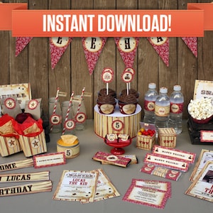 Cowboy Birthday Party Printable Collection & Invitation - Editable PDF file - Print at home