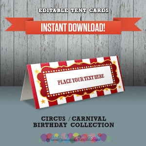 Circusfeest - Carnavalsfeest Afdrukbare tentkaarten / plaatskaarten / voedseletiketten - Bewerkbaar PDF-bestand - Thuis afdrukken