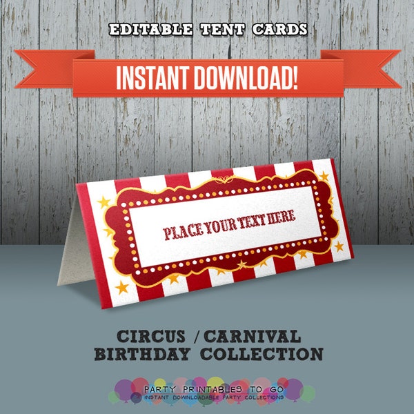 Circus Party - Carnival Party Printable Tent Cards / Place Cards / Food Labels - Fichier PDF modifiable - Imprimer à la maison