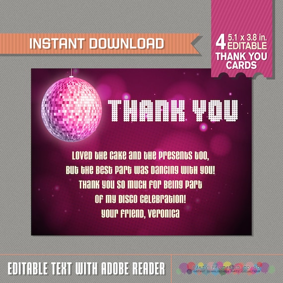 Disco Party Thank You Card - Disco Party - Disco Birthday - Instant Download - Edit and print at home using Adobe Reader Il_570xn