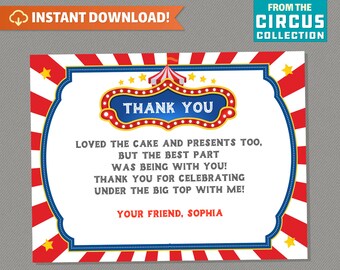 Circus Thank you Cards - Carnival Cards - Carnival Party - Circus Party Decor - Circus Birthday - INSTANT DOWNLOAD - Edit and print at home