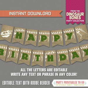 Dinosaur Bones Party Banner with Spacers - INSTANT DOWNLOAD - Editable PDF file - Print at home - Dinosaurs Birthday Banner