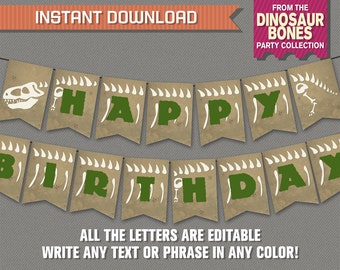 Dinosaur Bones Party Banner with Spacers - INSTANT DOWNLOAD - Editable PDF file - Print at home - Dinosaurs Birthday Banner