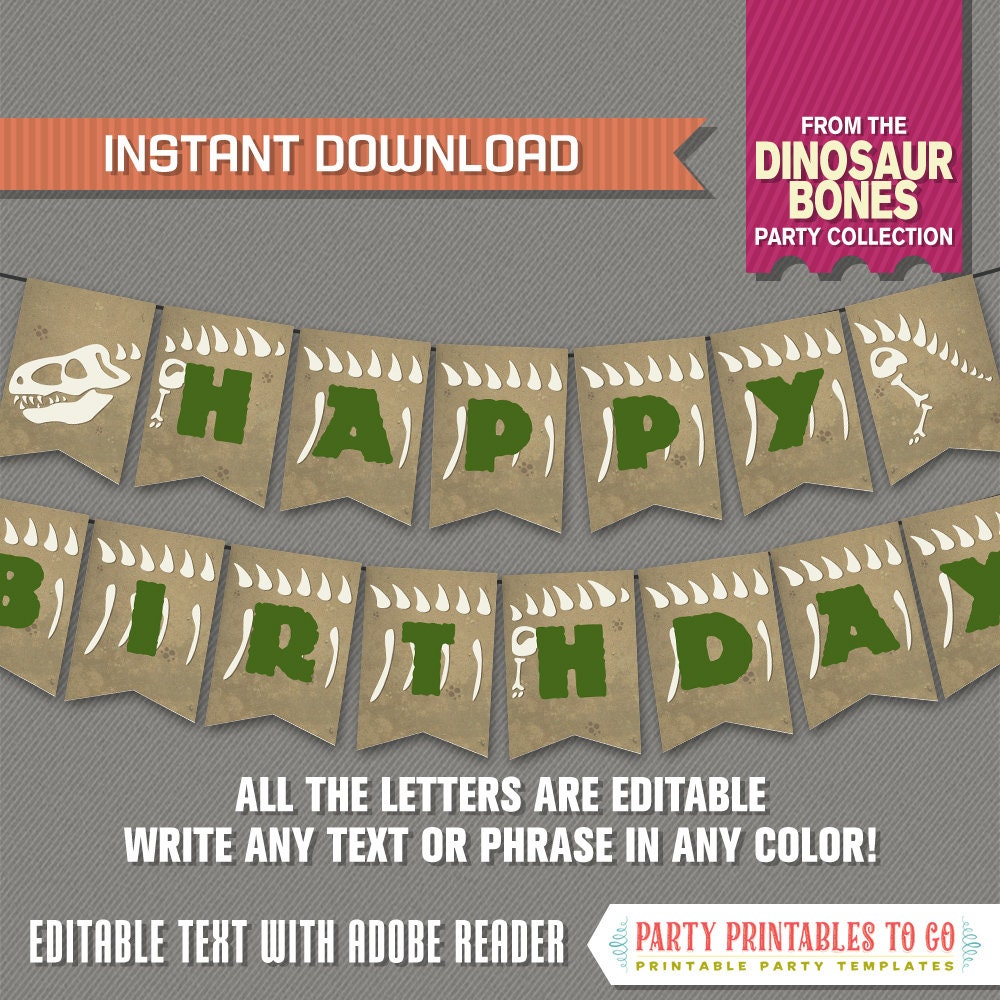 Download Free Dinosaur Bones Party Banner With Spacers Instant Download Etsy SVG Cut Files