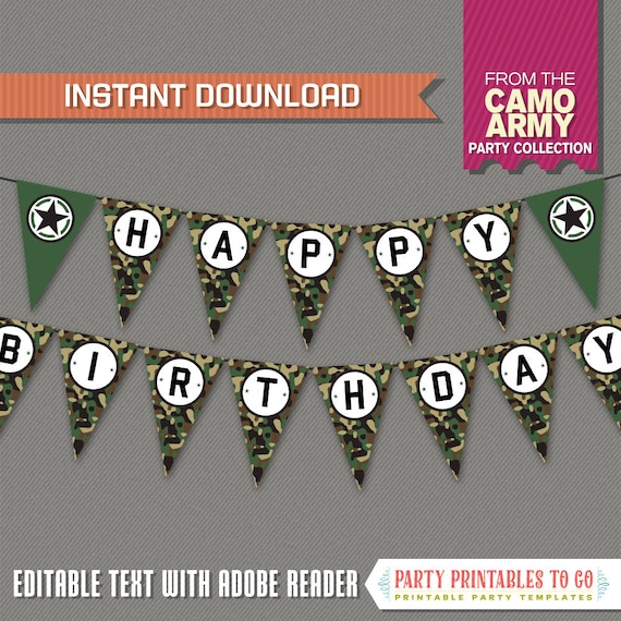 Camo Army Party Banner with Spacers - INSTANT DOWNLOAD - Editable and Print at home - Camo Army Birthday Decorations Il_570xn