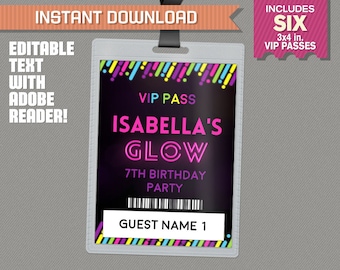 Neon Glow III Party Pass printable Insert - Neon Glow Party Vip Pass - Glow in the Dark Party - Edit and print at home with Adobe Reader!