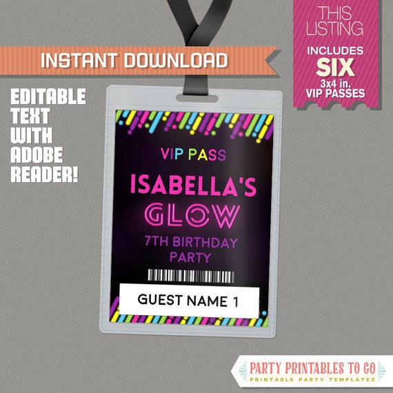 Neon Glow III Party Pass printable Insert - Neon Glow Party Vip Pass - Glow in the Dark Party - Edit and print at home with Adobe Reader! Il_570xn