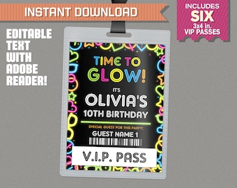 Neon Glow II Party Pass printable Insert - Neon Glow Party Vip Pass - Glow in the Dark Party - Edit and print at home with Adobe Reader!