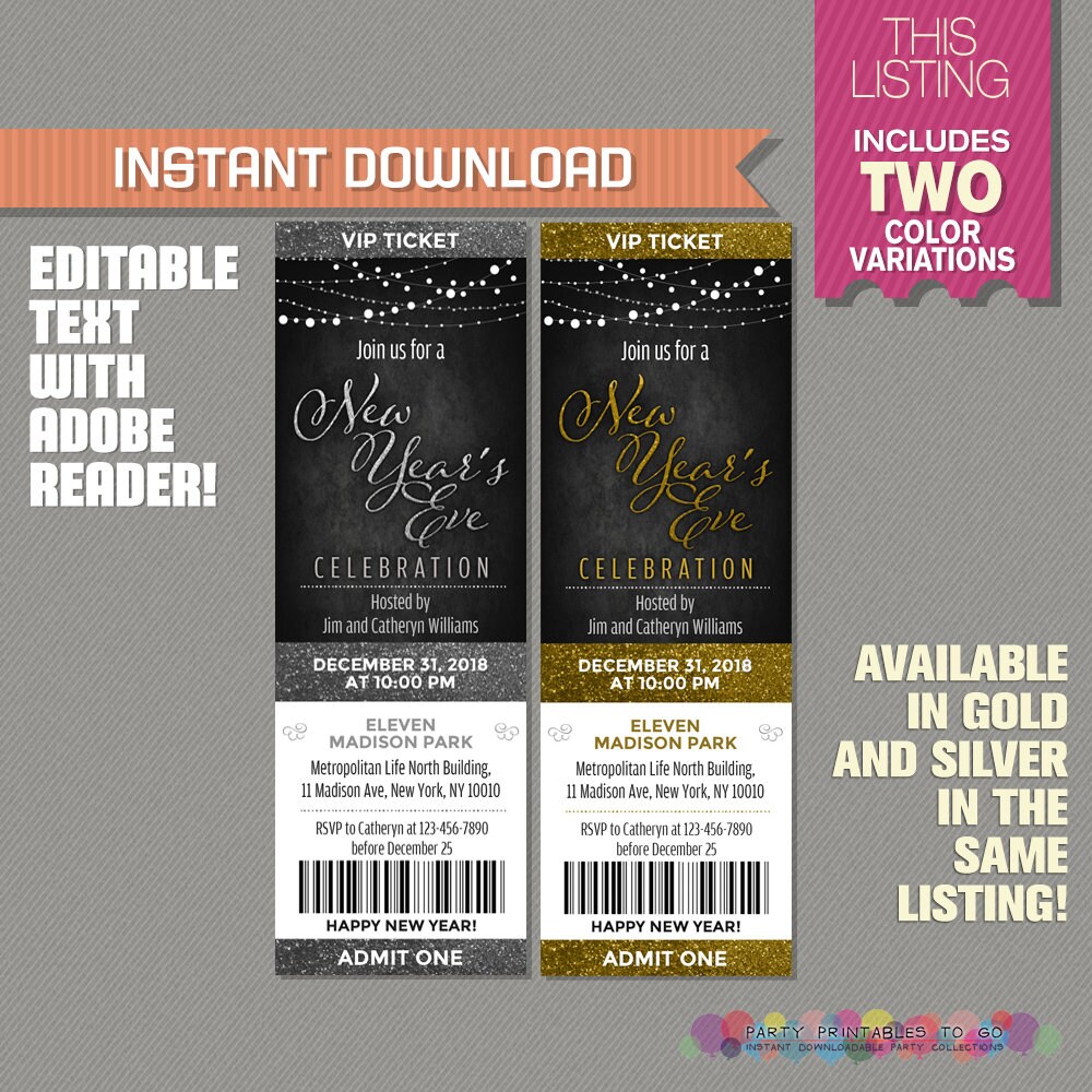 New Years Eve Celebration Ticket Invitation INSTANT DOWNLOAD | Etsy