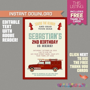 Firetruck Invitation - Fireman Invitation with FREE Thank you Card!- Vintage Fireman Invite - Edit and print at home with Adobe Reader