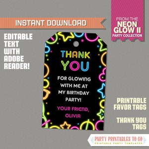 Neon Glow II Party Favor Tag, Neon Glow Party Thank you Tag - INSTANT DOWLOAD - Glow in the Dark - Edit and print at home with Adobe Reader