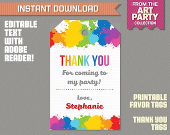 Art Party Favor Tag / Art Party Thank you Tag - Art Birthday - Art Party - Edit and print at home with Adobe Reader - Instant Download
