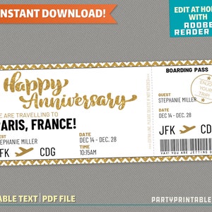 Surprise Trip Happy Anniversary Boarding Pass - Ticket Flight - Gift Voucher | Holiday Vacation - Instant Download! - Edit & print at home