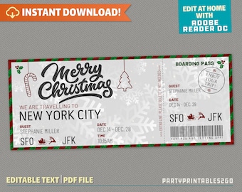 Surprise Trip Merry Christmas Boarding Pass - Ticket Flight - Gift Voucher | Holiday Vacation - Instant Download! - Edit and print at home