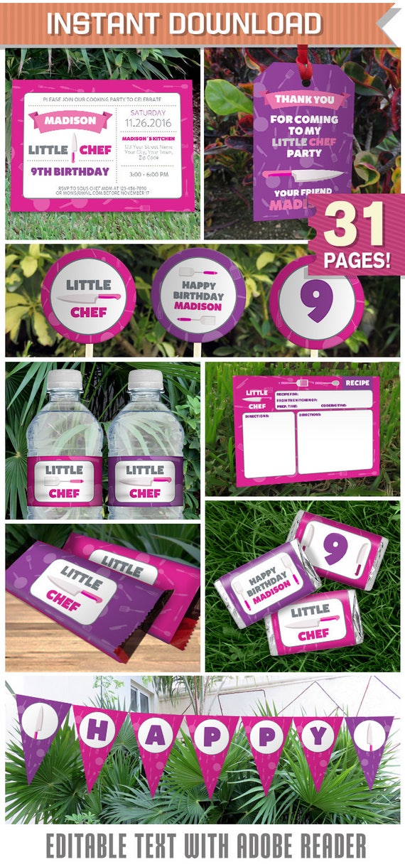 Little Chef Party Invitation & Party Decorations (Pink and Purple) - Instant Download - EDIT and print at home using Adobe Reader Il_570xn