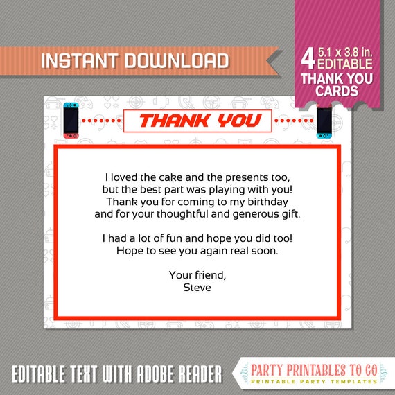 Video Game Party Thank You Cards (Red) - Video Game Party Thank You Notes - INSTANT DOWNLOAD - Edit and print at home using Adobe Reader Il_570xn